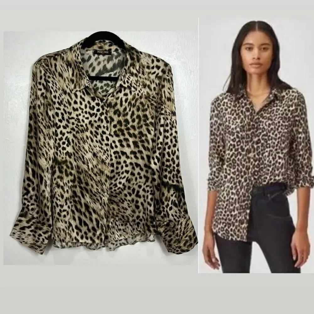 Max & Moi Paris Leopard Print Silk Long Sleeve Button Down Shirt Size L